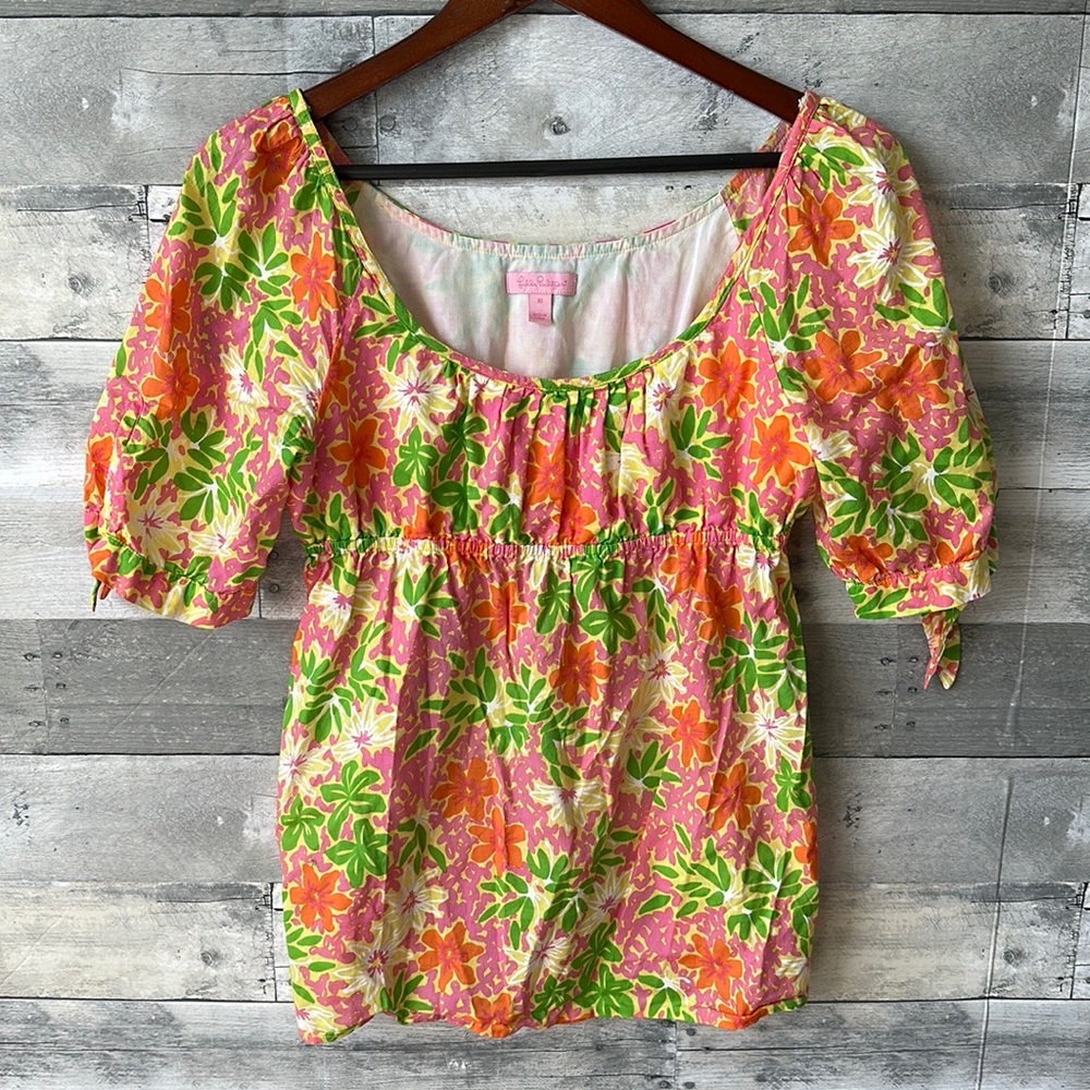 LILLY PULITZER FLORAL PARADISE PEASANT MULTICOLOR TOP WOMENS 10